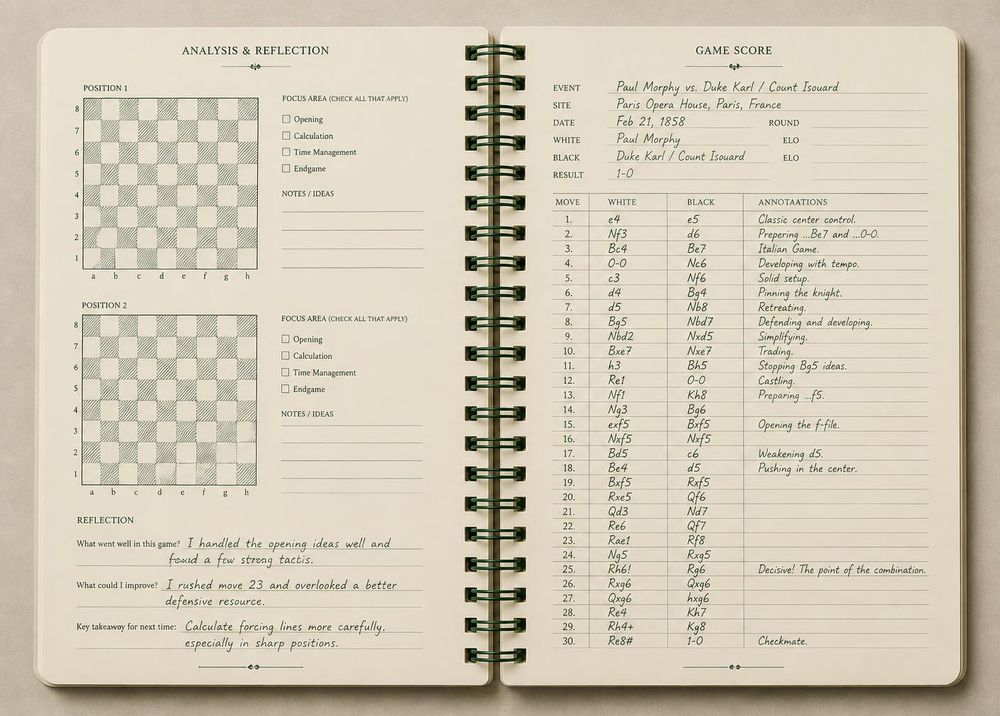 Tishvi Analysis and Reflection page beside a worked example of Paul Morphy's Opera Game