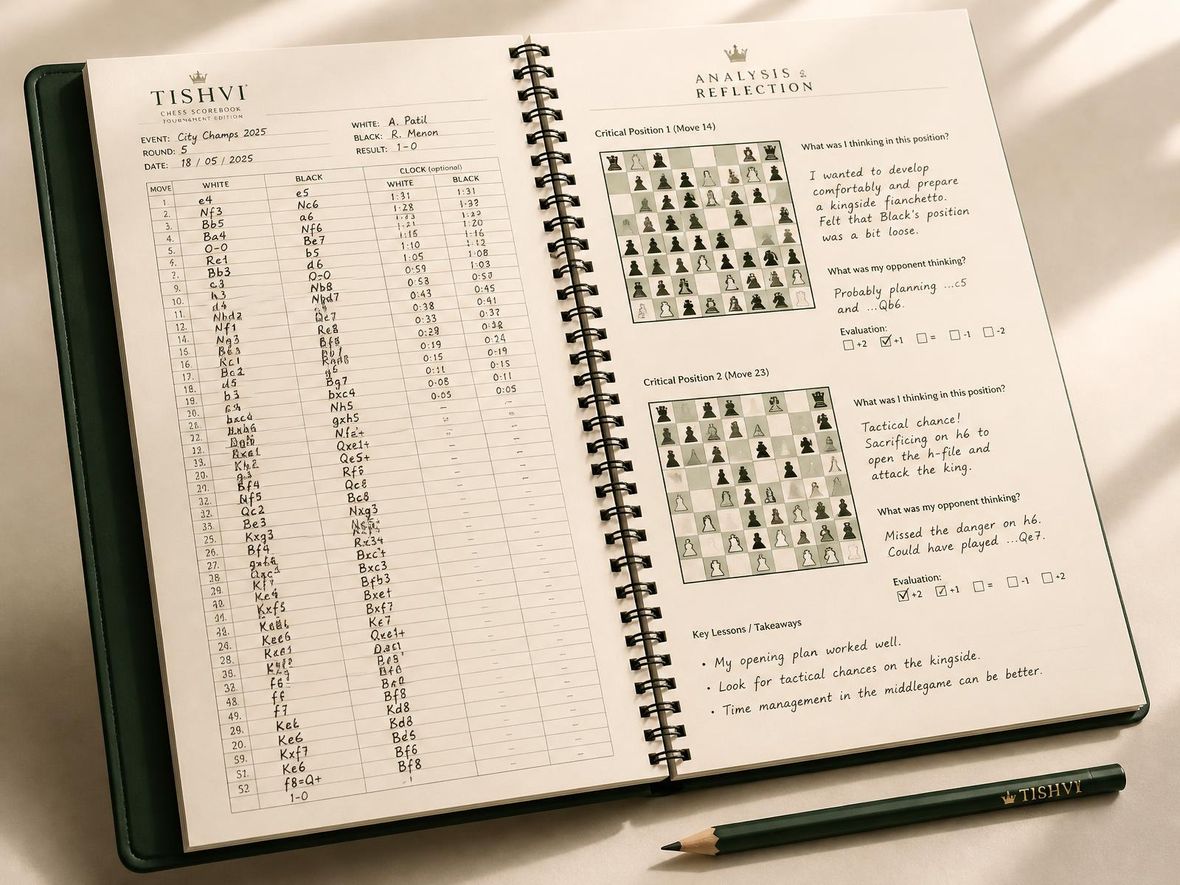 Tishvi Chess Scorebook open to a completed notation page and facing analysis page with two chess diagrams