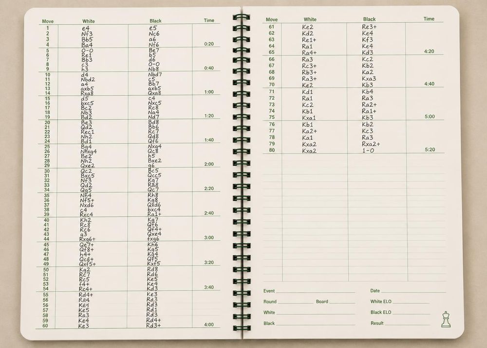 Open Tishvi notation spread showing move columns 1 to 80 and sampled clock rows