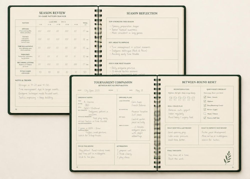 Tishvi Season Review and Tournament Companion spreads with pattern tallies and between-round prompts